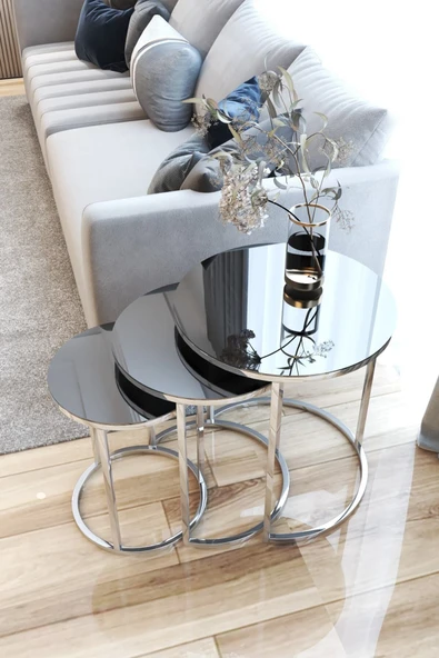 Zigonzi Ecol - 3lü Lüx C Zigon Sehpa Gümüş Füme Aynalı - 2