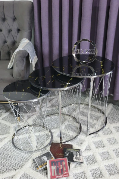 Zigonzi Hasır Model Zigon Sehpa Krom Ayak Şimşek Desen Cam