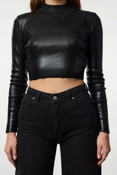 Stil Modern Kadın Crop Standart Kol Dik Yaka Basic Varak Baskılı Triko Kazak