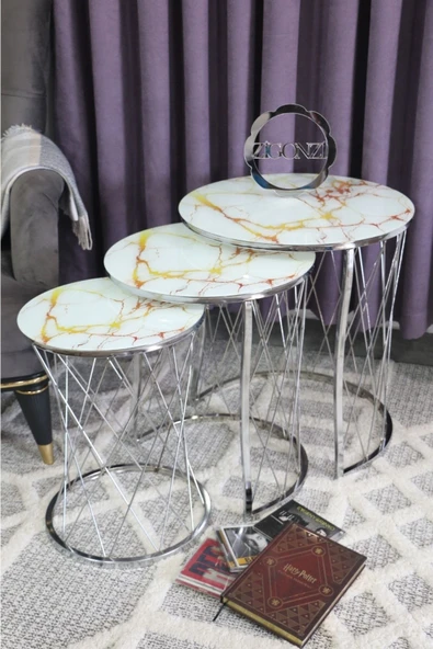 Zigonzi Hasır Model Zigon Sehpa Krom Ayak  Beyaz Sarı Mermer Desen Mermer  Cam - 2