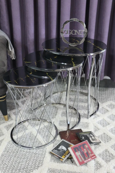 Zigonzi Hasır Model Zigon Sehpa Krom Ayak Şimşek Desen Cam - 3