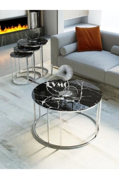 Zigonzi 3lü Zigon & Orta Sehpa Takımı Gümüş Metal Siyah Mermer Desenli