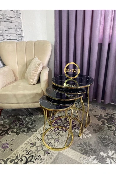 Zigonzi Rüya Model Zigon Sehpa Gold Ayak  Siyah Beyaz Mermer Desenli Cam - 3