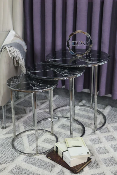 Zigonzi Siyah Mermer Desen Gümüş Metal Üçlü - 3