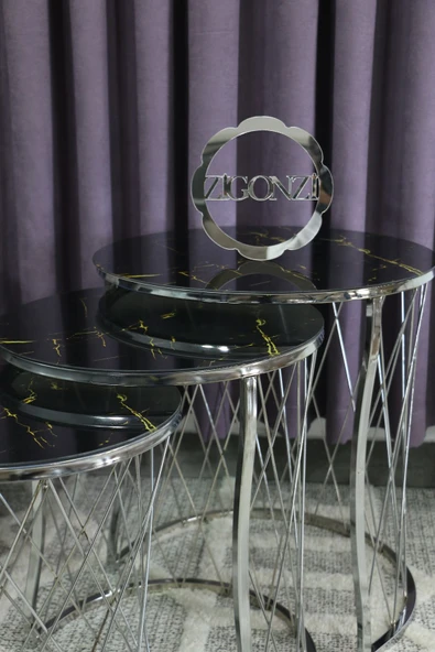 Zigonzi Hasır Model Zigon Sehpa Krom Ayak Şimşek Desen Cam - 2