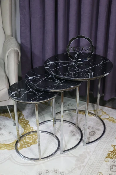 Zigonzi Siyah Mermer Desen Gümüş Metal Üçlü - 5