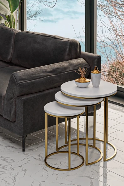 Zigonzi 3'lü GOLD  Ayak Beyaz Tabla Zigon Servis Salon Sehpa