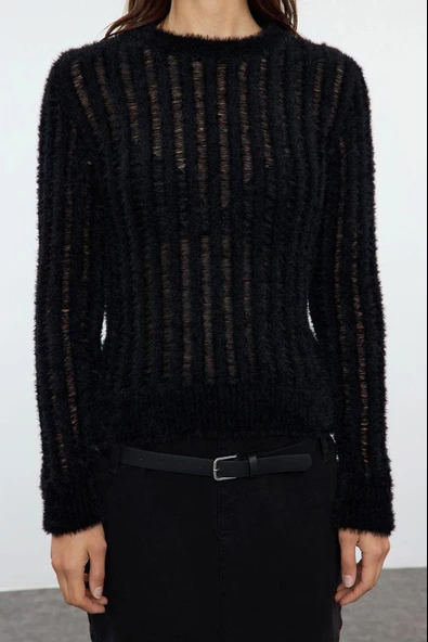 Stil Modern Kadın Regular Standart Kol Bisiklet Yaka İnce Transparan Görünümlü Triko Kazak - Resim 4