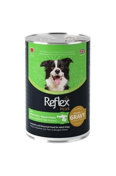 Reflex Plus Beyaz Balıklı ve Tatlı Patates Et Parçacıklı Soslu Köpek Konservesi 400 Gr