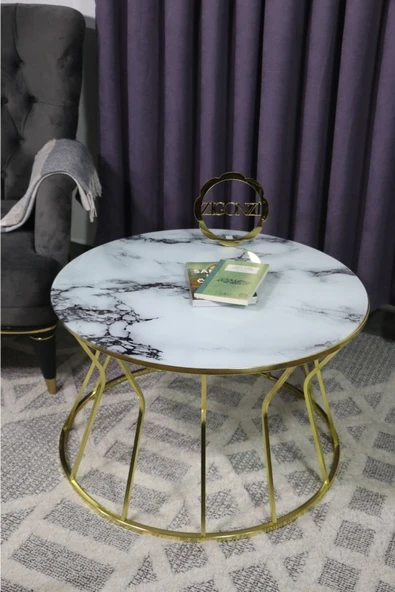 Zigonzi Sehpa - Kum Saati Model - Beyaz Siyah Mermer Desenli Temperli Cam - Gold Ayak
