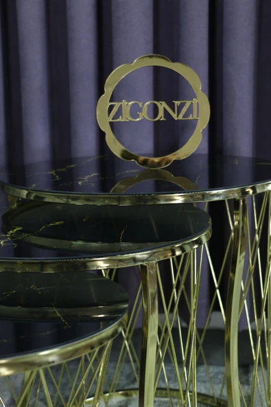 Zigonzi Hasır Model Zigon Sehpa Gold Ayak  Şimşek  Desen  Cam - 2