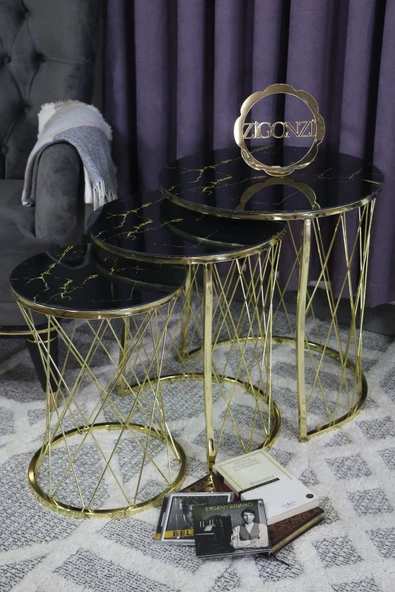 Zigonzi Hasır Model Zigon Sehpa Gold Ayak  Şimşek  Desen  Cam - 3