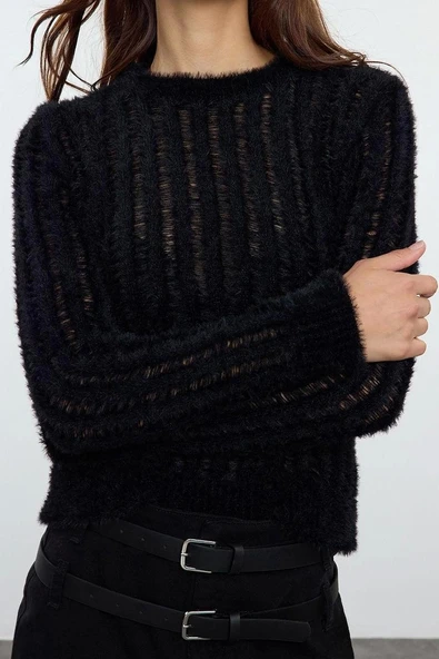 Stil Modern Kadın Regular Standart Kol Bisiklet Yaka İnce Transparan Görünümlü Triko Kazak - Resim 2