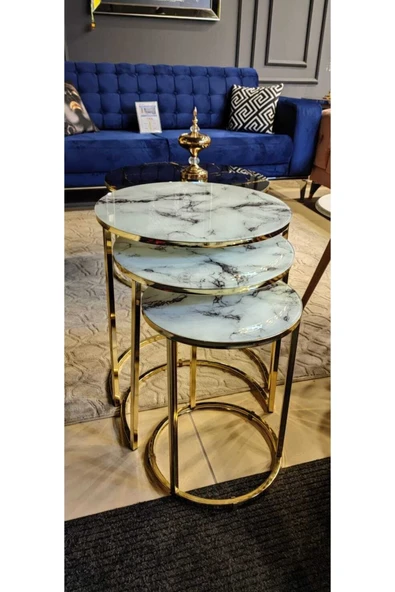 Zigonzi Beyaz Mermer Desenli Kırılmaz Cam 3'lü Gold Metal Zigon Sehpa - 2