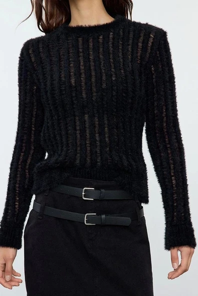 Stil Modern Kadın Regular Standart Kol Bisiklet Yaka İnce Transparan Görünümlü Triko Kazak - Resim 3