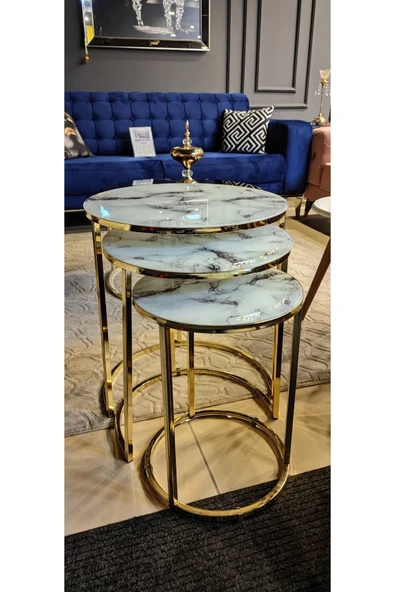 Zigonzi Beyaz Mermer Desenli Kırılmaz Cam 3'lü Gold Metal Zigon Sehpa