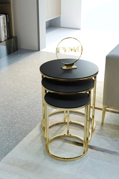 Zigonzi Zigon Sehpa Parlak Gold Metal Ayaklı Üst Tabla Mdf 3’lü