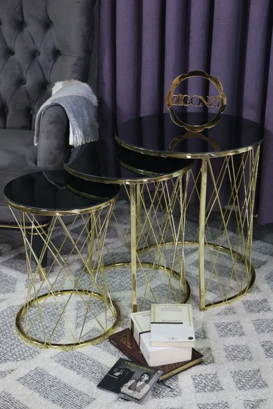 Zigonzi Hasır Model Zigon Sehpa Gold Ayak  Siyah Cam