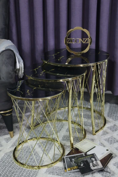 Zigonzi Hasır Model Zigon Sehpa Gold Ayak  Şimşek  Desen  Cam