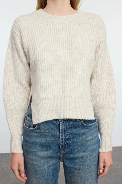 Stil Modern Kadın Regular Standart Kol Bisiklet Yaka Crop Basic Balon Kol Triko Kazak