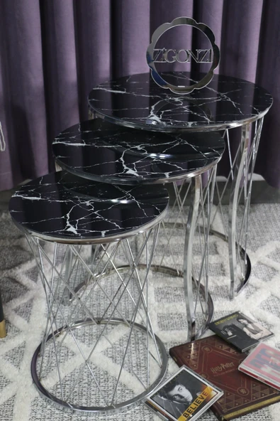 Zigonzi Gümüş Metal Hasır C Zigon Sehpa Mermer Desen - 3
