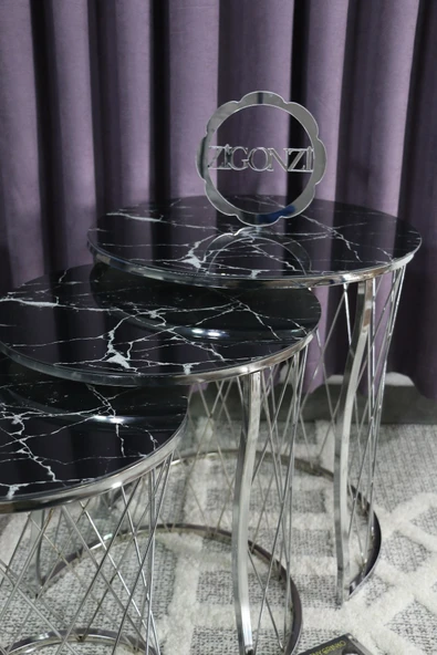 Zigonzi Gümüş Metal Hasır C Zigon Sehpa Mermer Desen - 2