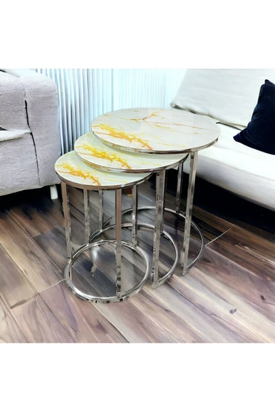 Zigonzi Gümüş Metal, Sarı Mermer Desenli, 3'lü Zigon Sehpa - 2