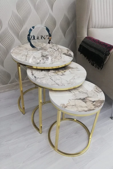 Zigonzi Lısa Zigon 3^lü Sehpa - Beyaz Kahve Mermer Desenli Ahşap Tabla - Gold Metal Ayak