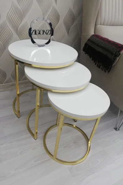 Zigonzi Lısa 3'lü Zigon Sehpa - Beyaz Ahşap Tabla - Gold Metal Ayak