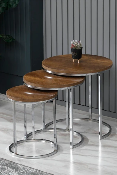 Zigonzi 3lü Zigon Sehpa, Metal Sehpa - Koyu Ceviz