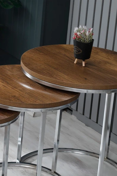 Zigonzi 3lü Zigon Sehpa, Metal Sehpa - Koyu Ceviz - 3