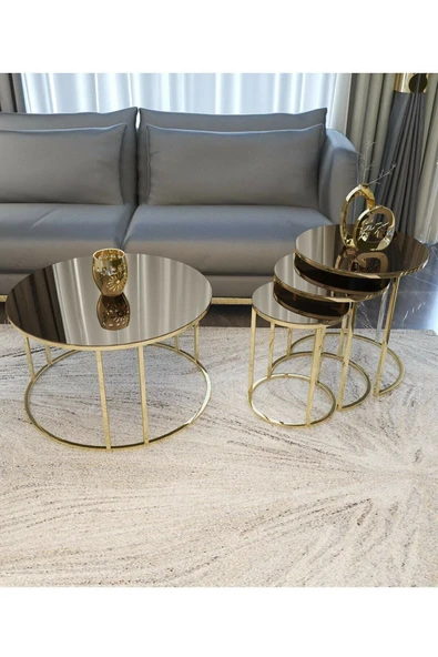 Zigonzi Zigon Ve Orta Sehpa Seti Gold Metal Ayak Bronz Aynalı Takım