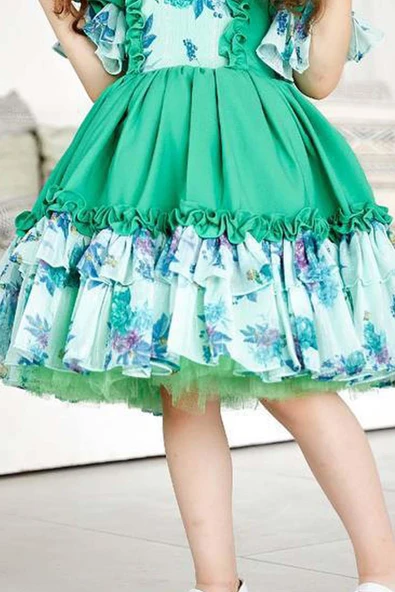 Kız Çocuk Balon Kollu Göğsü Çiçek Detaylı Etek Ucu Fırfırlı Astarlı Yeşil Elbise - Resim 4