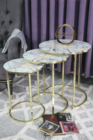 Zigonzi Gold Metal Mermer Desen Üçlü Zigon Sehpa