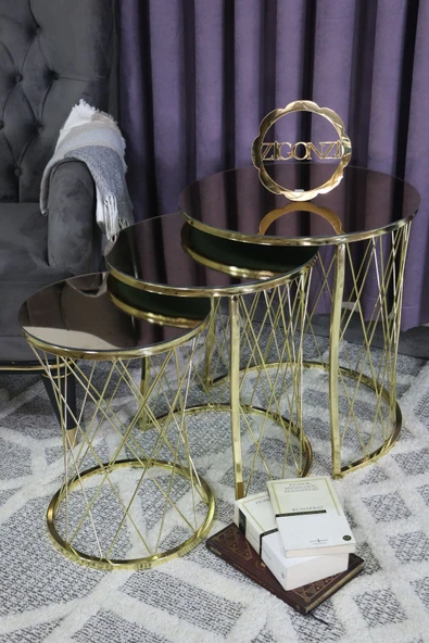 Zigonzi Gold Metal Bronz Aynalı, Hasır C Üçlü Zigon Sehpa - 3