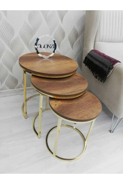 Zigonzi Lısa Zigon 3'lü Sehpa - Antik Koyu Ceviz Tabla - Gold Metal Ayak