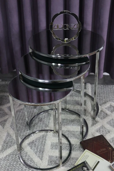Zigonzi Gümüş Metal, Füme Aynalı Üçlü Zigon Sehpa