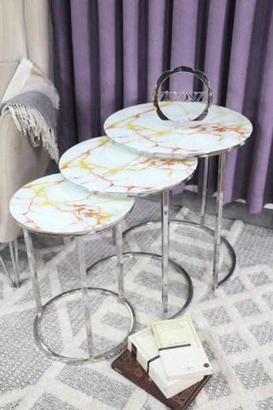 Zigonzi Gümüş Metal Sarı Mermer Desen, Üçlü Zigon Sehpa - 3
