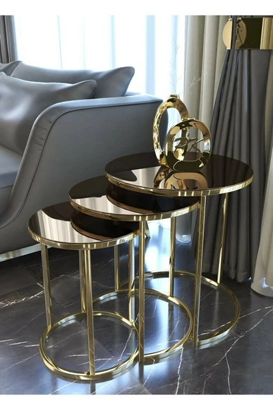 Zigonzi Zigon Ve Orta Sehpa Seti Gold Metal Ayak Bronz Aynalı Takım - 3