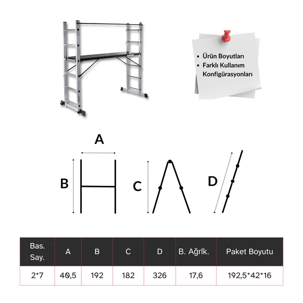 Endokon 2*7 192 cm Portatif Alüminyum İskele Merdiven Kombinasyonu - 3