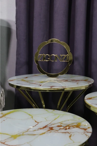 Zigonzi 3'lü Zigon Kum Saati Sehpa Takımı Beyaz Sarı Mermer Desenli Gold Ayak - 3