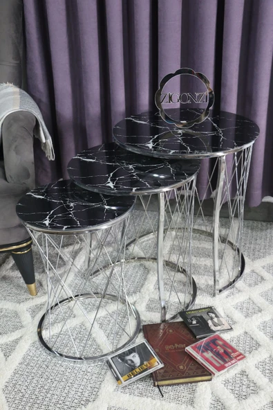 Zigonzi Gümüş Metal Hasır C Zigon Sehpa Mermer Desen