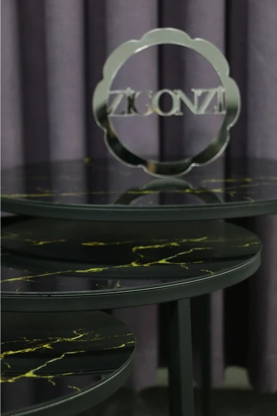 Zigonzi Üçlü Zigon Temperli Cam Siyah Sarı Mermer Desenli Metal Sehpa - - 3