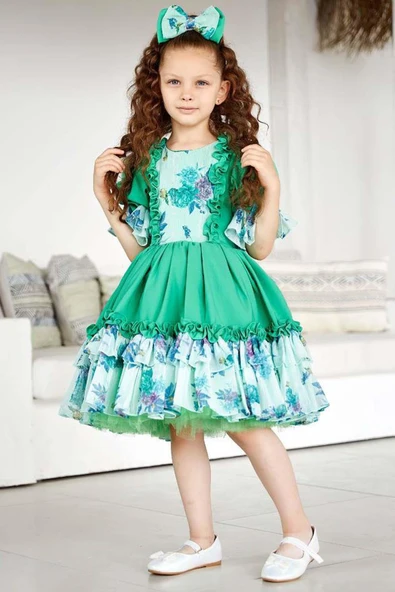 Kız Çocuk Balon Kollu Göğsü Çiçek Detaylı Etek Ucu Fırfırlı Astarlı Yeşil Elbise ürün görseli