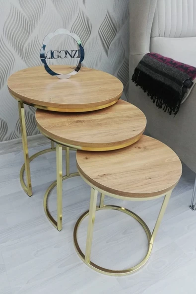 Zigonzi Lısa Zigon 3^lü Sehpa - Antik Çam Tabla - Gold Metal Ayak