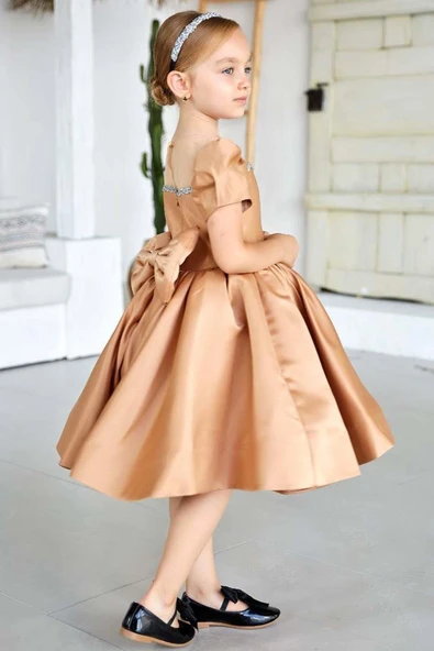 Kız Çocuk Yakası Taş Şerit İşlemeli Şeffaf Tül Detaylı Balon Kollu Kahverengi Saten Abiye - Resim 2