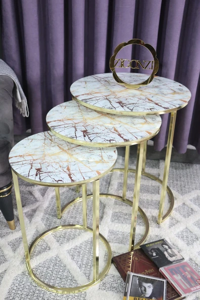 Zigonzi Gold Metal Mermer Desen Üçlü Zigon Sehpa - 3