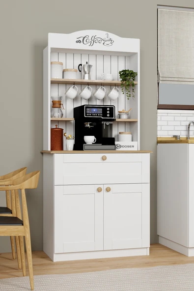 Midoser Lucas 2 Kapaklı Çekmeceli Kahve Köşesi ve Çok Amaçlı Mutfak Dolabı - Açık ceviz & Beyaz - 2