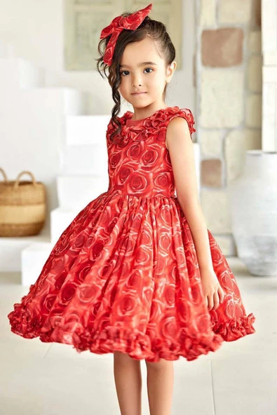 Kız Çocuk Yakası ve Etek Ucu Fırfırlı Üzeri Gül Baskılı Kolsuz Kırmızı Elbise ürün görseli