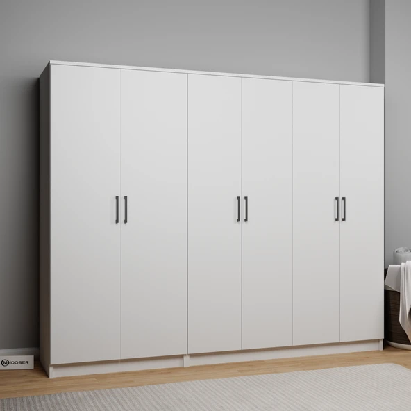 Midoser Kardelen Serisi Mat Beyaz 6 Kapılı 9 Raflı Elbise Dolabı 220 Cm - Gardırop Seti - 3